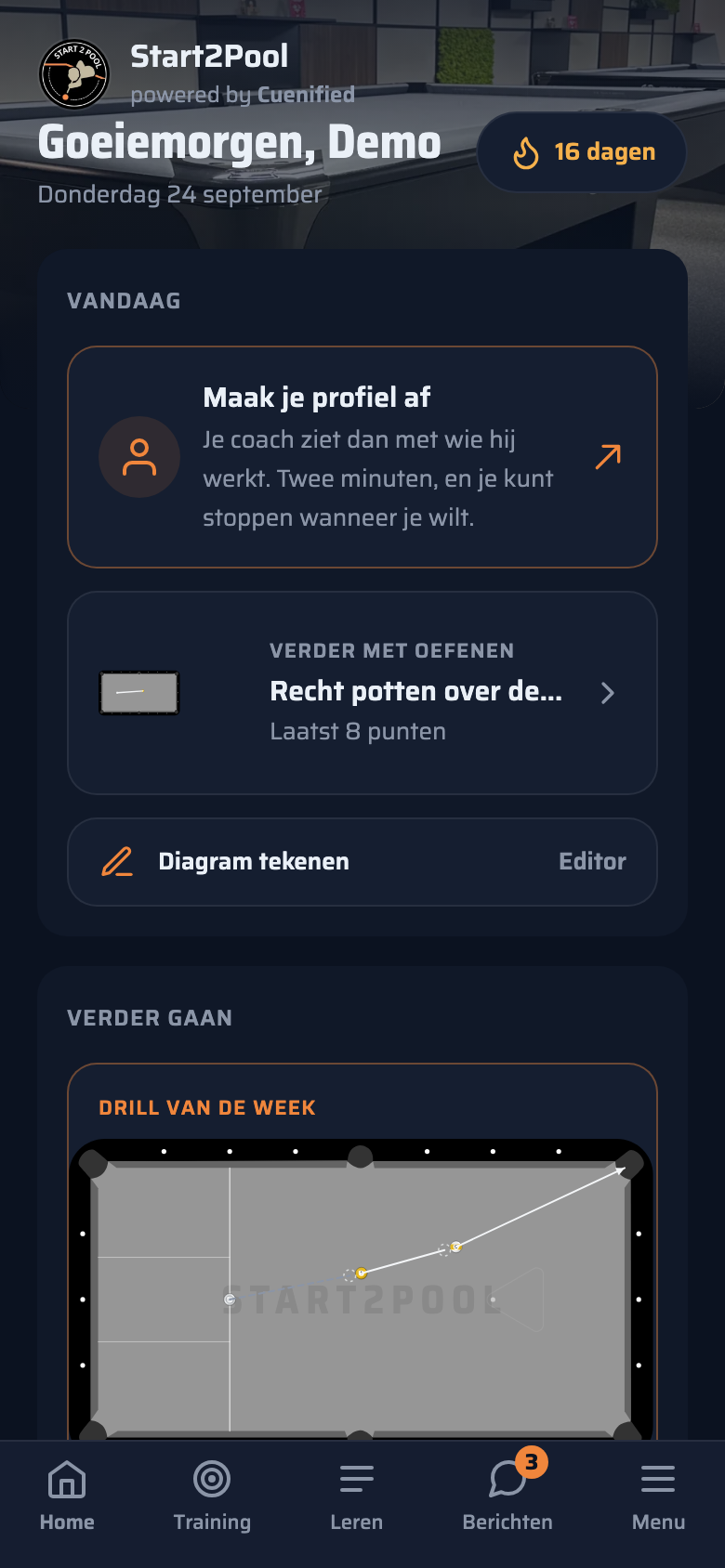Het startscherm van de app van Start2Pool: je weekscore, je doel en waar je aan werkt.